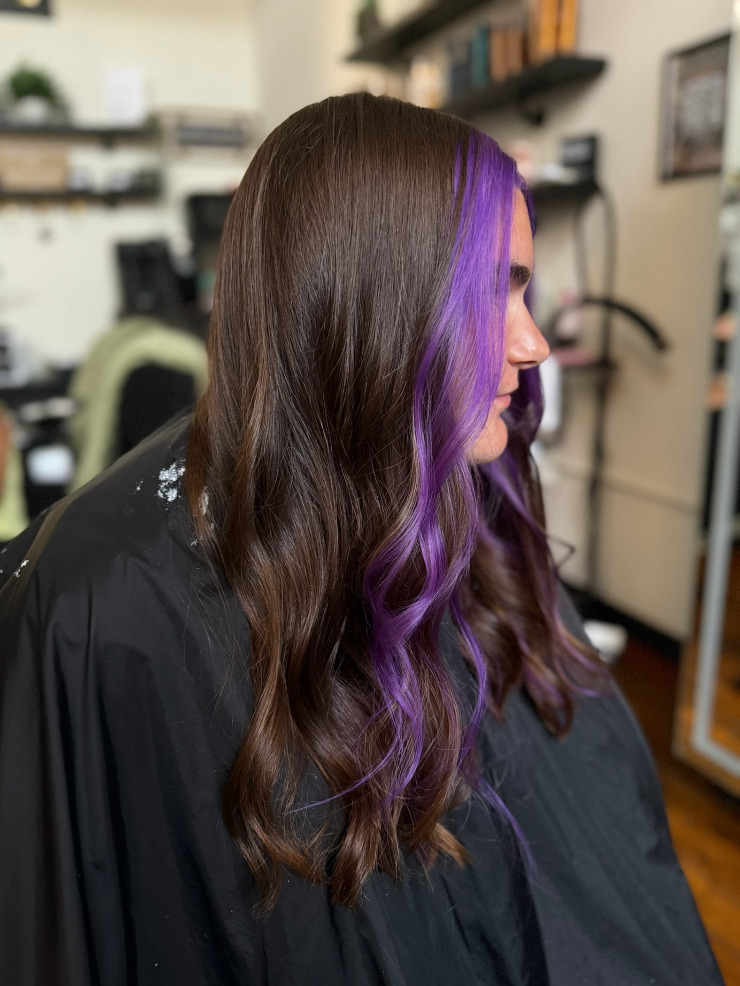 Brunette hair with vivid purple money piece