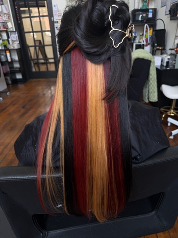 Black hair with red and blonde underlight panels